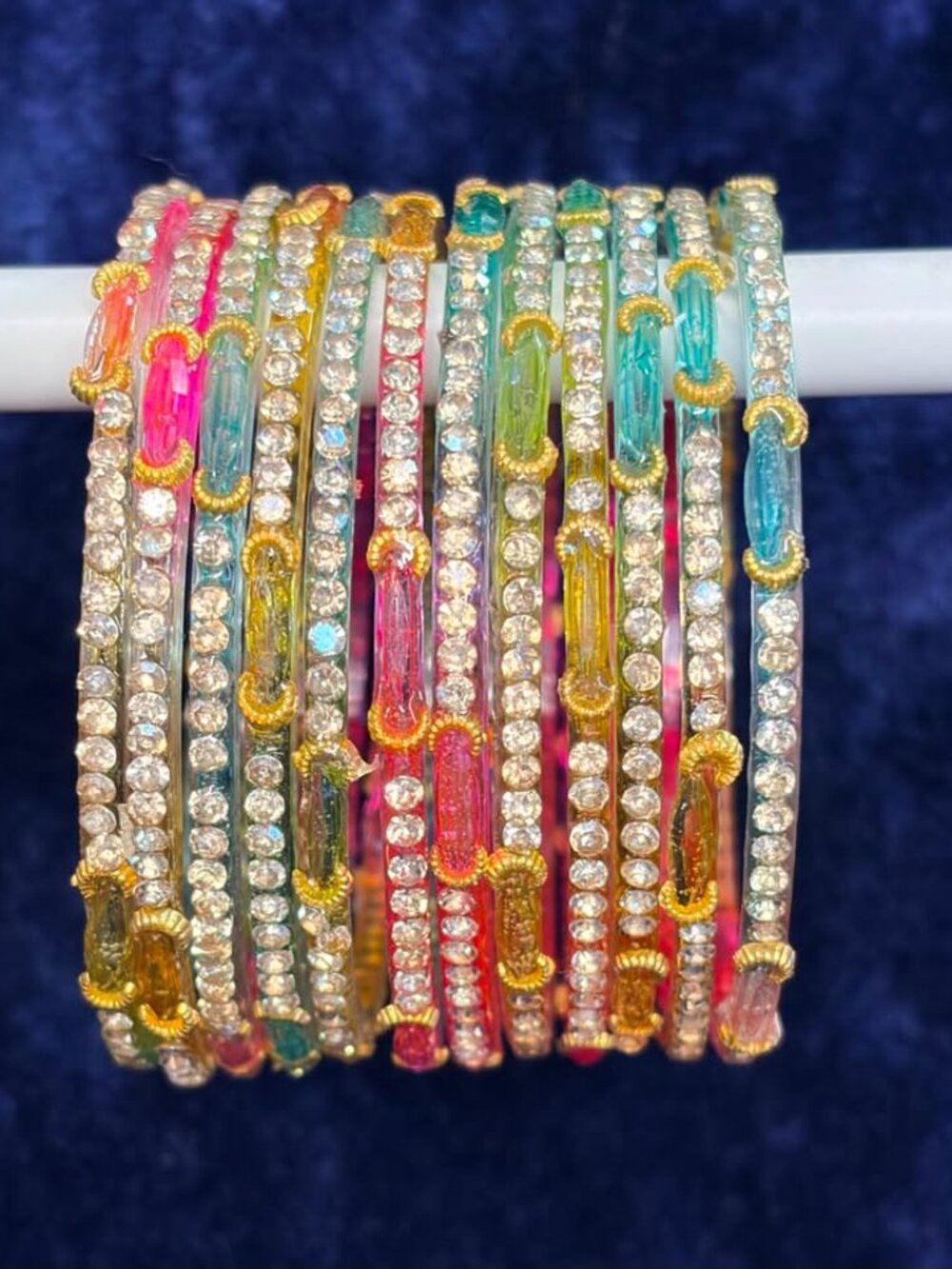 12pcs Women's Multicolor Rhinestone Bangle Bracelets, Gold-Tone Ornate Stackable
